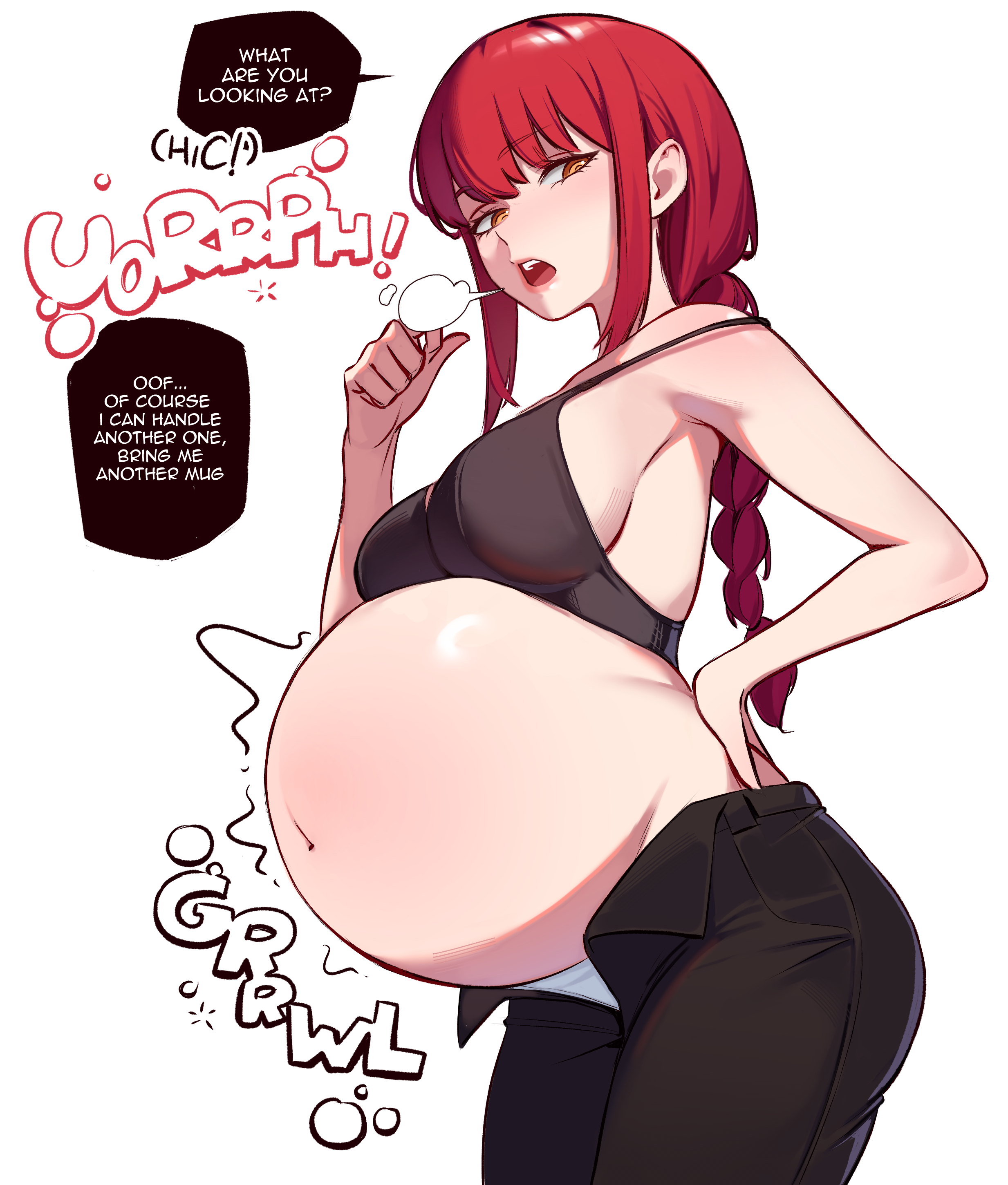 1girls, 2024, 2d, 2d (artwork), absurd res, absurd resolution, absurdres, asking for more, bangs, bare belly, bedroom eyes, belly, belly focus, big belly, black bra, black pants, bloated, bloated belly, bloated stomach, bra, bra strap slip, braided hair, braided ponytail, breasts, bulging belly, burp, burping, chainsaw man, color, colored, digital media (artwork), disproportional, elpacha2, english text, eyebrows visible through hair, fat, female, female only, gluttony, hair behind ear, half-closed eyes, hand on hip, hi res, hiccuping, high resolution, highres, ineffective clothing, light skin, light-skinned female, lingerie, long hair, long ponytail, looking down, makima (chainsaw man), medium breasts, navel, onomatopoeia, open mouth, orange eyes, orange eyes female, panties, pants, panty peek, ponytail, red hair, red-haired female, ringed eyes, round belly, shaded, sideboob, sidelocks, solo, speech bubble, standing, stomach noises, stuffed, stuffed belly, talking, talking to viewer, text, tied hair, unbuttoned pants, wanting more, white background, white panties