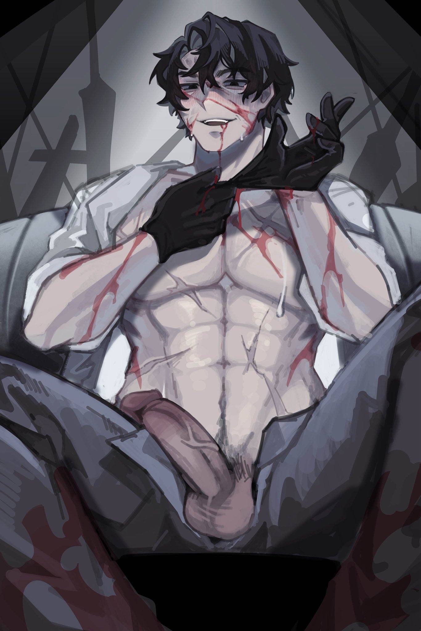 1boy, aftermath, awooga, bara, beannibun, black gloves, black hair, blood on face, bloodied clothing, covered in blood, deep penetration, erect cock, erection, gay, gloves, honestly quite incredible, library of ruina, male, male only, muscular, muscular male, penis, project moon, pubic hair, roland (library of ruina), scarred face, scars, scars all over, solo, sweat, sweating, torn face, tremor bursted, unzipped, veiny penis, yaoi, zooweemama