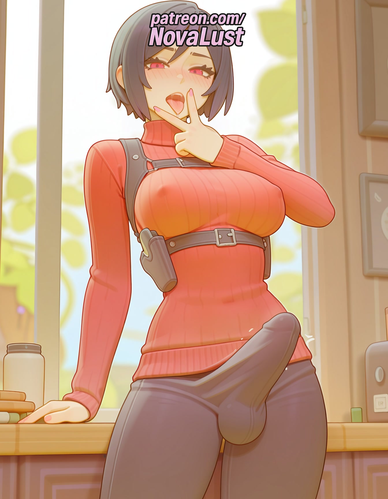 1futa, 2025, ada wong, ai generated, artist name, blush, breasts, brown hair, bulge, bust, chest, cock, dick, erection, erection under clothes, futanari, hi res, high quality, high resolution, highres, intersex, novalust, patreon, patreon username, penis, resident evil, ribbed sweater, short hair, solo, stable diffusion, sweater, turtleneck, watermark