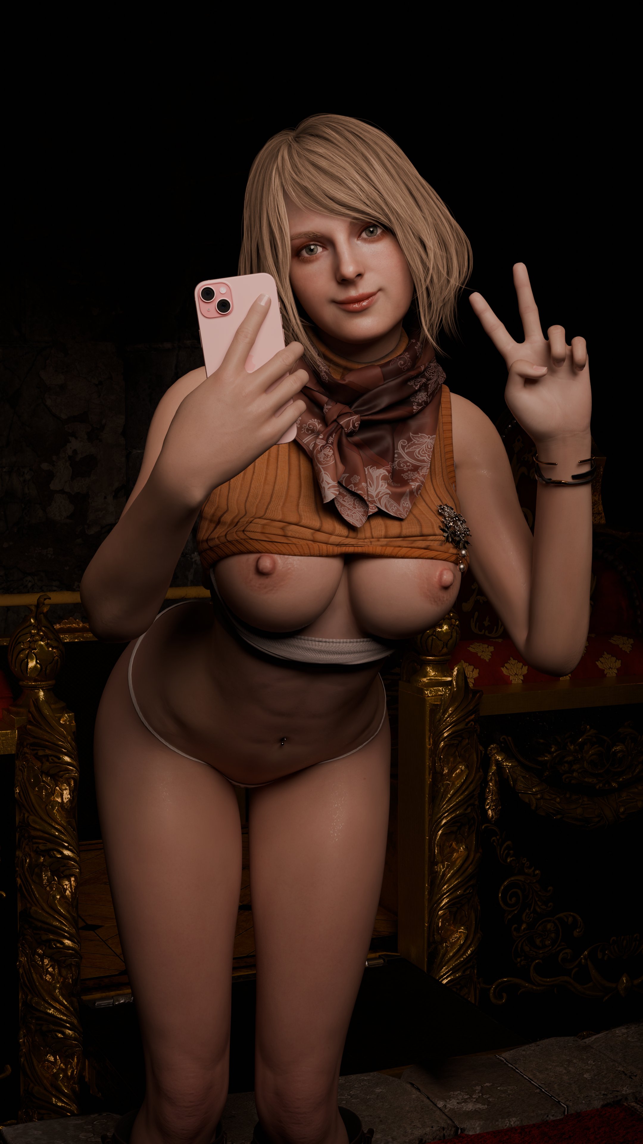 3d, ashley graham, blonde hair, breasts, breasts out, busty, female, female focus, female only, hourglass figure, nsfwoao18, resident evil, selfie, tagme, wide hips