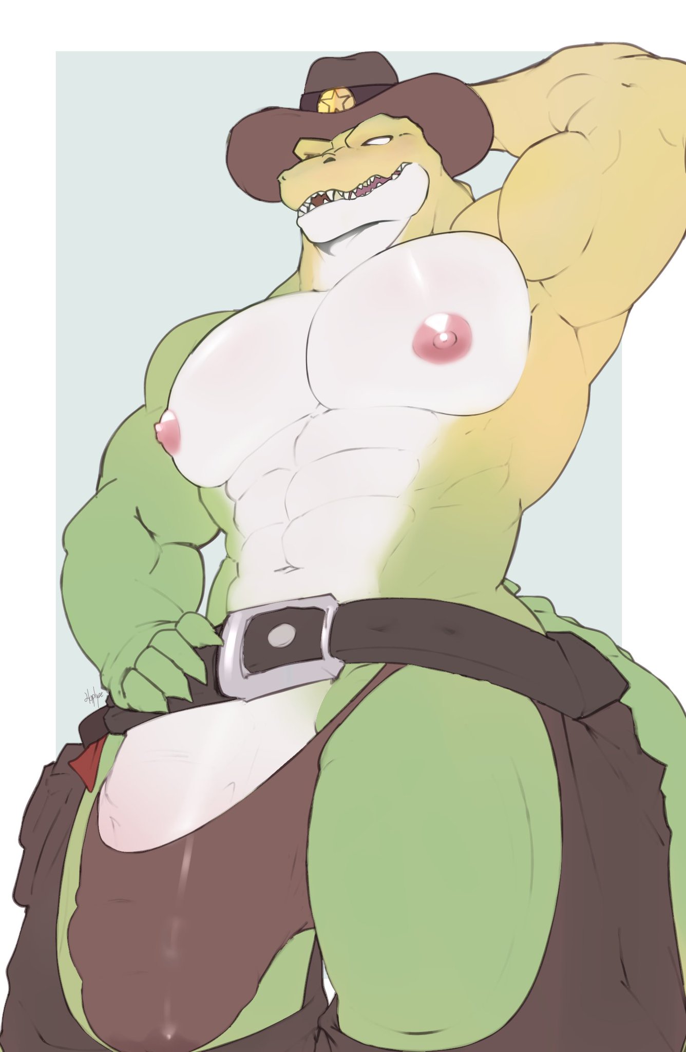 1boy, 1male, 2025, anthro, anthro focus, anthro only, anthro solo, bara, bulge, bulge through clothing, clothed, clothing, crocodile, crocodilian, crocodylid, digital drawing (artwork), digital media (artwork), glitch productions, gummigoo (the amazing digital circus), gummy (food), gummy creature, haplyze, living candy, living food, male, male anthro, male focus, male only, muscles, muscular, muscular anthro, muscular male, pecs, pectorals, penis, penis outline, reptile, reptile humanoid, solo, solo anthro, solo focus, solo in panel, solo male, the amazing digital circus, yaoi