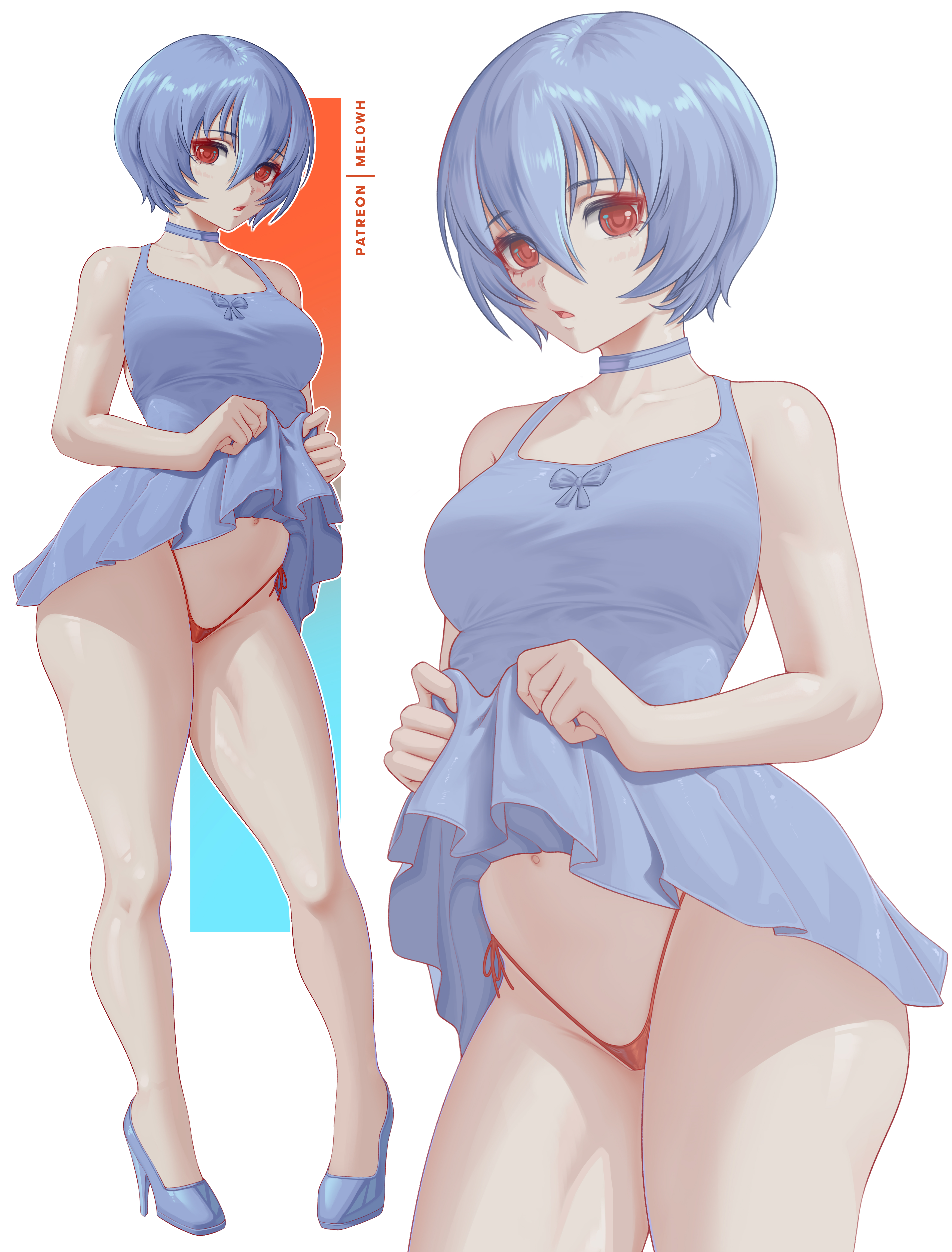 1girls, breasts, dress, female, female only, high heels, high quality, high resolution, highres, looking at viewer, medium breasts, melowh, multiple views, neon genesis evangelion, open mouth, panties, rei ayanami, standing, sundress, thick thighs, thighs, thong