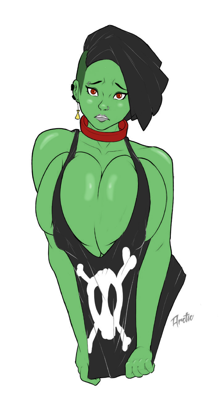 alternate costume, alternate hairstyle, arctic-graph, banjo-kazooie, big breasts, black hair, breasts, bursting breasts, busty, collar, colored, dagoobah, eyebrow piercing, female, fully clothed, game over gruntilda, green body, green skin, gruntilda, huge breasts, lips, nose piercing, piercing, rareware, shaved side, witch