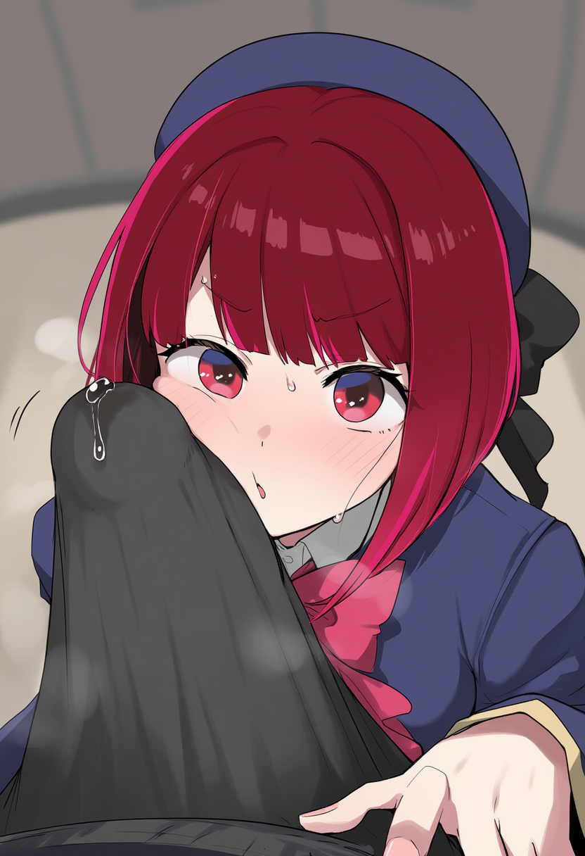 1boy, 1girls, ai generated, arima kana, blurry, blush, bow, erection, female, gdwnad, indoors, long sleeves, male, oshi no ko, penis, red eyes, red hair, solo focus, straight