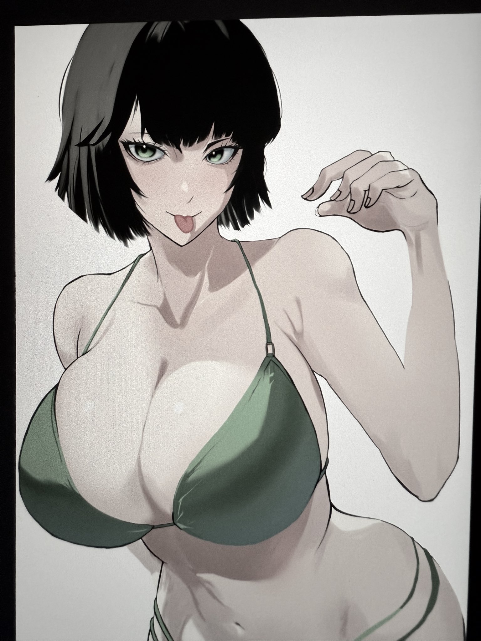 1girls, adult, adult female, bare armpits, bare arms, bare belly, bare chest, bare hands, bare hips, bare midriff, bare navel, bare shoulders, bare skin, belly, belly button, big breasts, bikini, bikini bottom, bikini only, bikini top, black hair, black-haired female, breasts, busty, busty female, cleavage, closed mouth smile, collarbone, curvaceous, curvaceous body, curvaceous female, curvaceous figure, curvaceous hips, curvy, curvy body, curvy female, curvy figure, curvy hips, digital, digital art, digital drawing, digital drawing (artwork), digital media, digital media (artwork), elbows, exposed armpits, exposed arms, exposed belly, exposed chest, exposed hips, exposed midriff, exposed navel, exposed shoulders, exposed skin, female, female focus, female only, fingernails, fingers, fubuki (one-punch man), green bikini, green bikini bottom, green bikini top, green hair, green string bikini, green swimsuit, green swimwear, green-haired female, halterneck, high resolution, highres, hourglass figure, huge boobs, huge breasts, inguinal crease, inguinal ligament, large boobs, large breasts, lean figure, looking at viewer, mature, mature female, midriff, narrow waist, navel, one-punch man, plump breasts, sdbh satopu, short hair, shoulders, simple background, slender body, slender waist, slim waist, smile, smiley face, smiling, smiling at viewer, smirk, solo, standing, string bikini, swimsuit, swimwear, tongue, tongue out, upper body, white background, wide hips