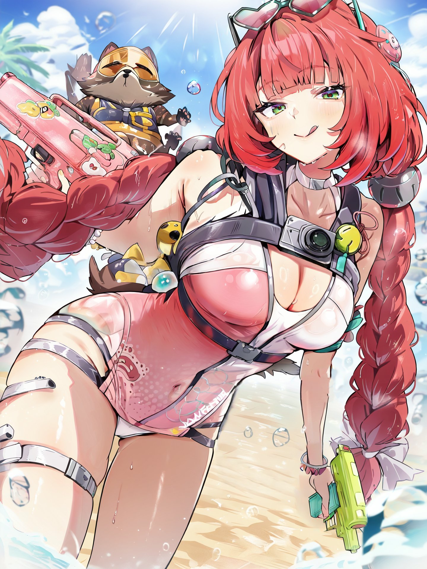 :p, 1girls, ai assisted, ai generated, big breasts, blush, breasts, cleavage, clothing, female, glasses, glasses on head, green eyes, gun, heart glasses, heart-shaped glasses, highres, jeje box, light skin, light-skinned female, looking at viewer, navel, official alternate costume, one-piece swimsuit, red hair, swimsuit, tongue, twin braids, twintails, ukinami yuzuha, ukinami yuzuha (tanuki in broad daylight), water, water gun, water splash, wet, wet body, zenless zone zero