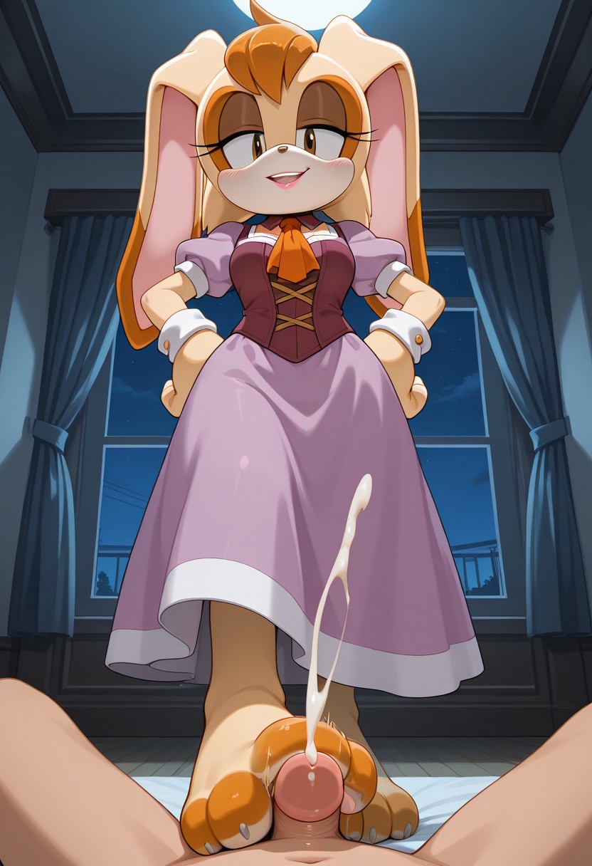 ai generated, close up, close up footjob, close up view, close-up, close-up footjob, closeup, closeup footjob, closeup view, cum, domination, footjob, grin, human, human on anthro, male, pawjob, penis, small penis, smug face, sonic (series), sonic the hedgehog (series), stepped on, uncensored, vanilla the rabbit