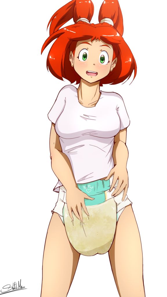 1girls, breasts, diaper, diaper fetish, female, full diaper, large breasts, messy diaper, shocked, sketchmandl, solo, standing, tight clothing, touching diaper, wet diaper