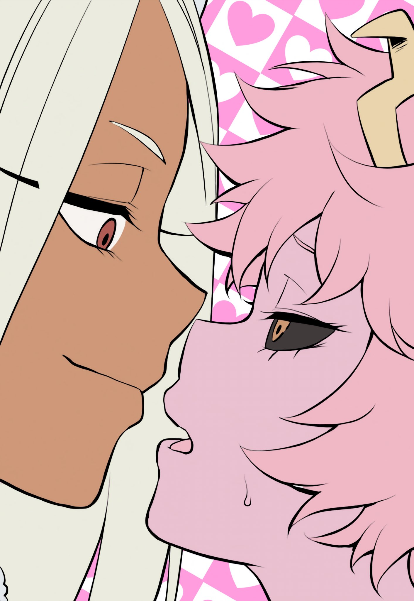 2girls, adult and teenager, age difference, boku no hero academia, close up, dark-skinned female, female, flustered, horns, imminent kiss, mina ashido, mirko, miruko, my hero academia, older female, older female and younger female, parallaxfused, pink hair, pink skin, pink-haired female, rumi usagiyama, smug face, tomboy, white hair, white-haired female, younger female, yuri
