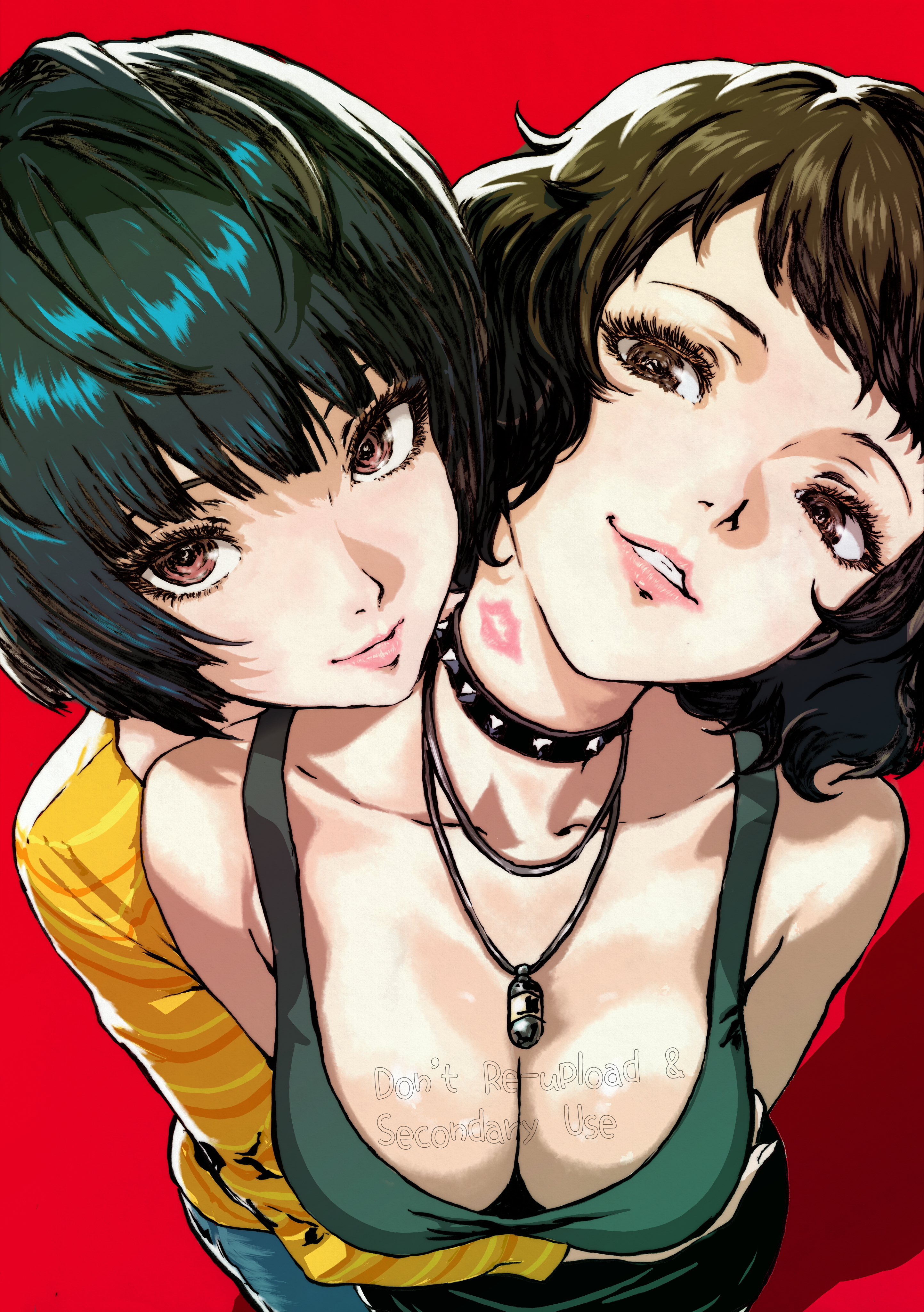 2girls, absurdres, big breasts, black hair, breasts, brown eyes, brown hair, closed mouth, clothes swap, collar, cosplay, costume switch, female, female only, highres, kiss mark, large breasts, lipstick mark, lipstick mark on neck, megami tensei, multiple females, multiple girls, necklace, oeilvert fft, outfit swap, parted lips, persona, persona 5, red background, sadayo kawakami, sadayo kawakami (cosplay), short hair, simple background, spiked collar, tae takemi, tae takemi (cosplay), teeth, yuri