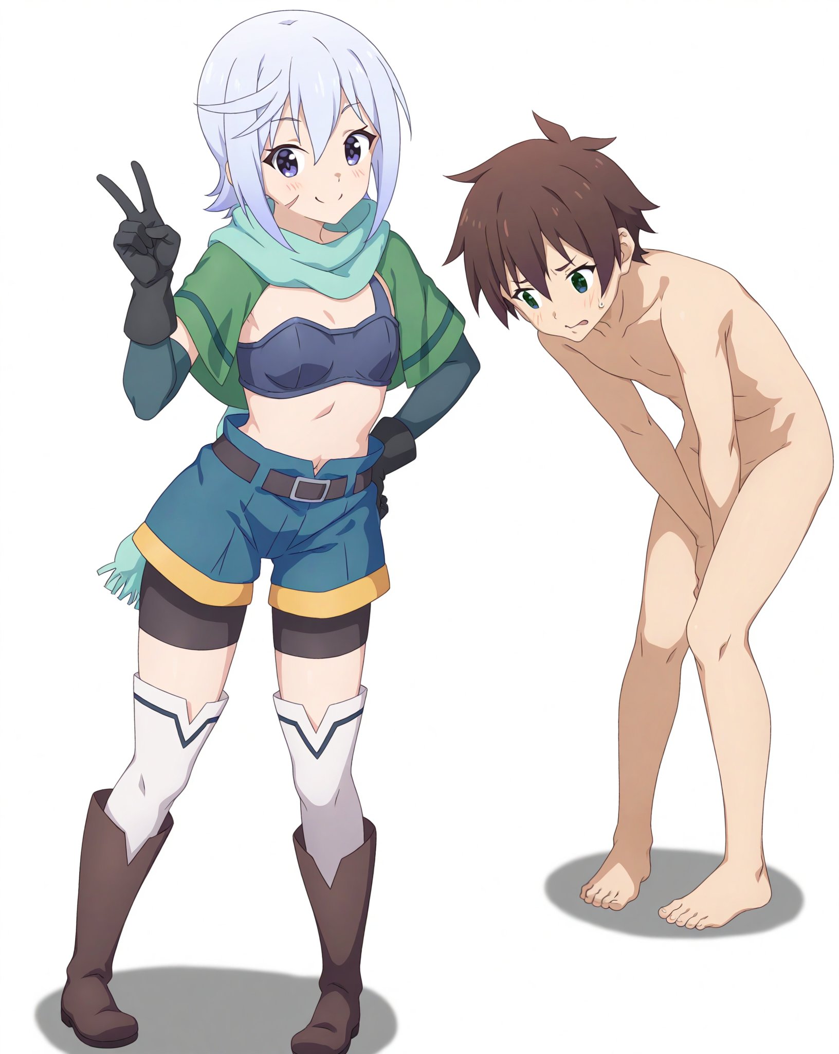 1boy, 1girls, absolutely nothing on, breasts, cfnm, chris (konosuba), clothed female, clothed female nude male, completely naked, completely naked male, completely nude, completely nude male, confident, confident female, confident smile, covering, covering crotch, covering penis, covering self, duo, duo focus, embarrassed, embarrassed nude male, enm, female, kono subarashii sekai ni shukufuku wo!, lost bet, lost clothes, male, marusankaku, naked, naked male, nude, nude male, only one naked, peace sign, satou kazuma, small breasts, white background