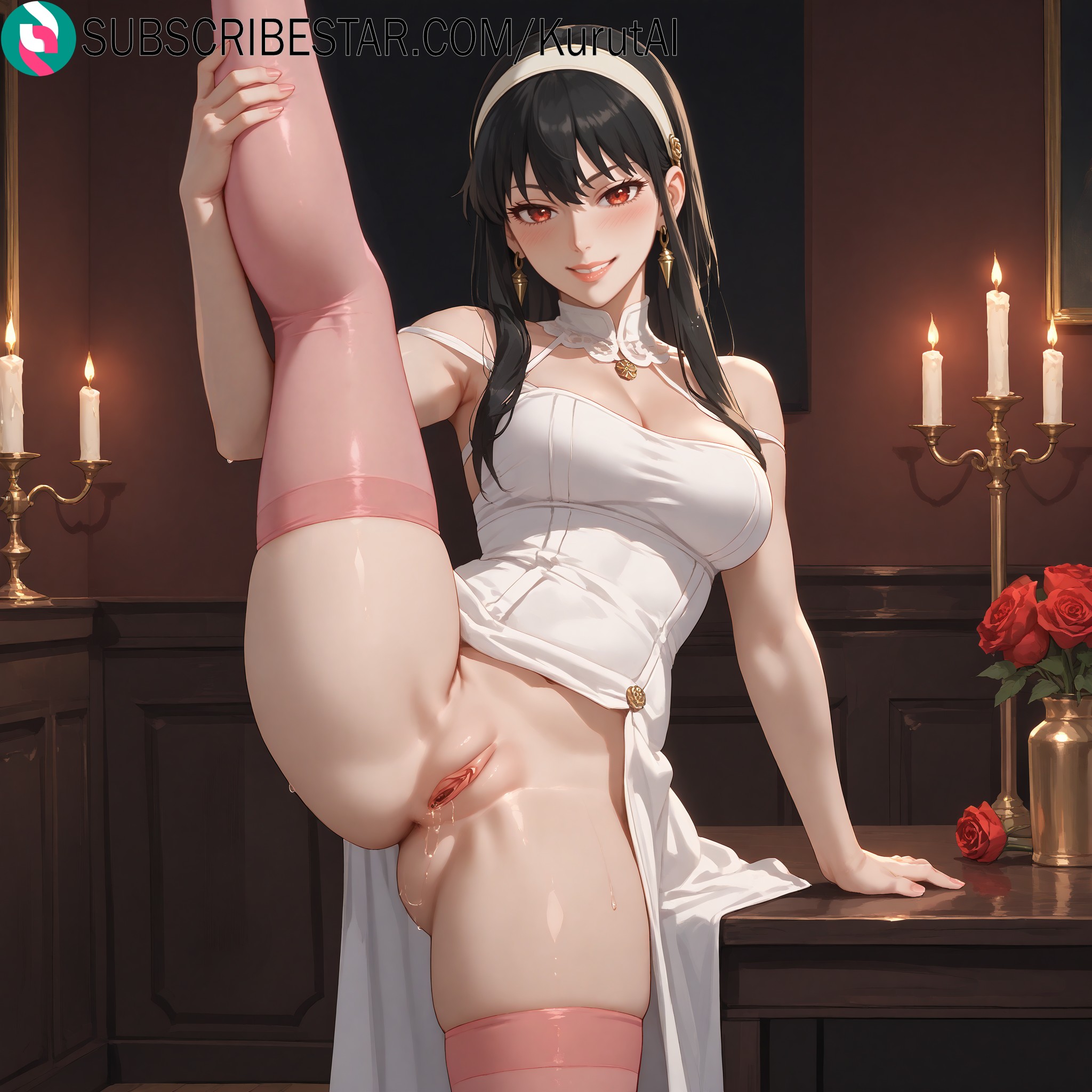 1girls, ai generated, anus, artist name, artist signature, black hair, blush, breasts, cleavage, dress, earrings, female, gold earrings, hi res, high resolution, highres, indoors, jewelry, kurutai, large breasts, leg lift, long hair, looking at viewer, no panties, pink thighhighs, pussy, pussy juice, red eyes, smile, solo, split, spy x family, standing, standing split, subscribestar, subscribestar username, sweat, thighhighs, thighs, uncensored, yor briar, yor forger