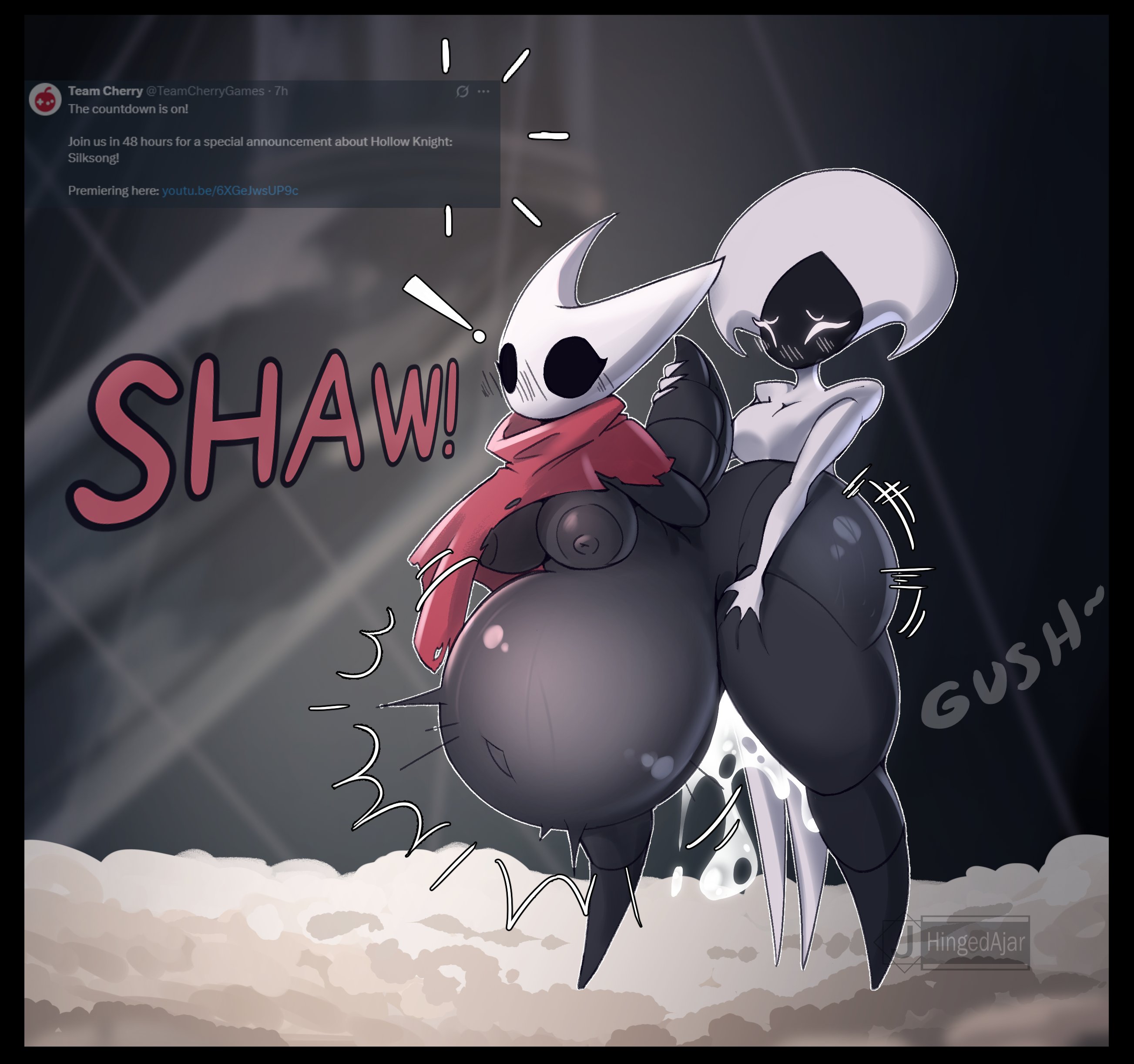 1futa, 1girls, 2 horns, big ass, big butt, black body, black skin, bubble ass, bubble butt, bug, bug girl, cumflated belly, cumflation, female, futa on female, futanari, hingedajar, hollow knight, hornet (hollow knight), inflation, intersex, lace (hollow knight), large ass, large butt, silksong, yuri