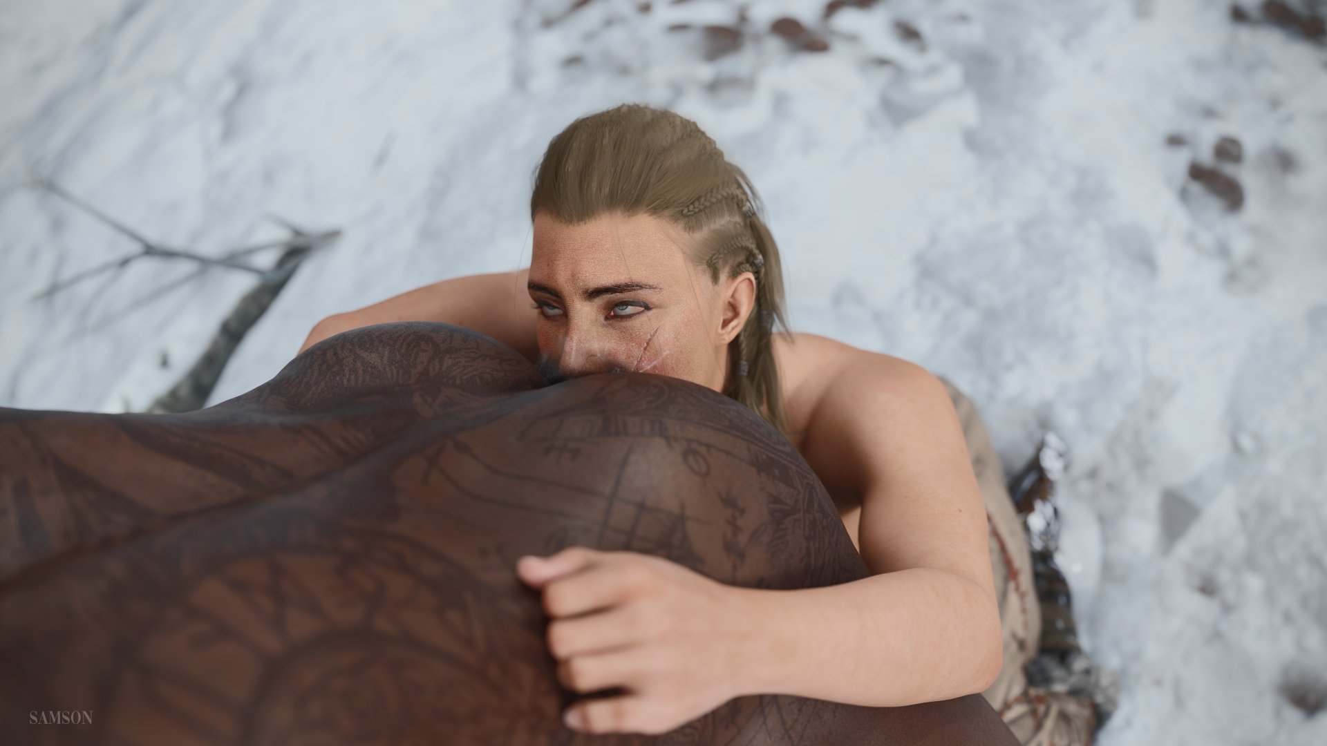 1boy, 1girls, 3d, assassin's creed (series), assassin's creed valhalla, blender, dark skin, dark-skinned male, eating ass, eivor varinsdottir, eyes rolling back, female, female protagonist, hairy anus, hairy male, human, interracial, male, rimming, rimming male, samsonsharem, scar