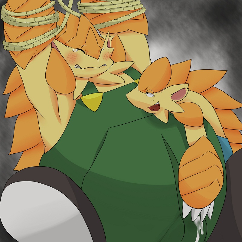 1:1 2011 anthro blush bodily_fluids bound chizu closed_eyes clothing cum duo genital_fluids kemono klonoa_(series) male male_only mammal overalls overweight overweight_male pango_(klonoa) pangolin rope video_games