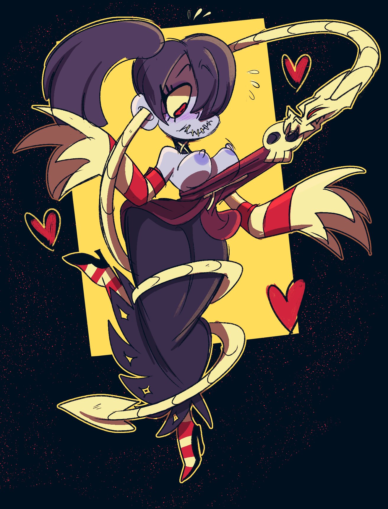 blue_skin detached_collar detached_sleeves female hair_over_one_eye high_heels highres leviathan_(skullgirls) nipples red_eyes side_ponytail skull skullgirls squigly stitched_mouth stitches striped striped_sleeves weakplacenta wide_hips zombie