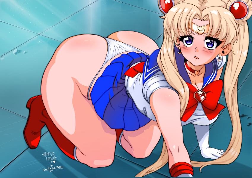 1girls, ass, big ass, bishoujo senshi sailor moon, blonde hair, blue eyes, blue sailor collar, blush, breasts, clothing, crescent earrings, earrings, eyebrows visible through hair, female, female only, hair bun, huge ass, huge breasts, large breasts, long hair, magical girl, meme, miniskirt, on knees, open mouth, panties, sailor moon, sailor moon redraw challenge, sailor senshi uniform, sailor uniform, saliva, shimetta masuta, shounen jump, skirt, skirt up, sweat, thong, twintails, usagi tsukino, white panties