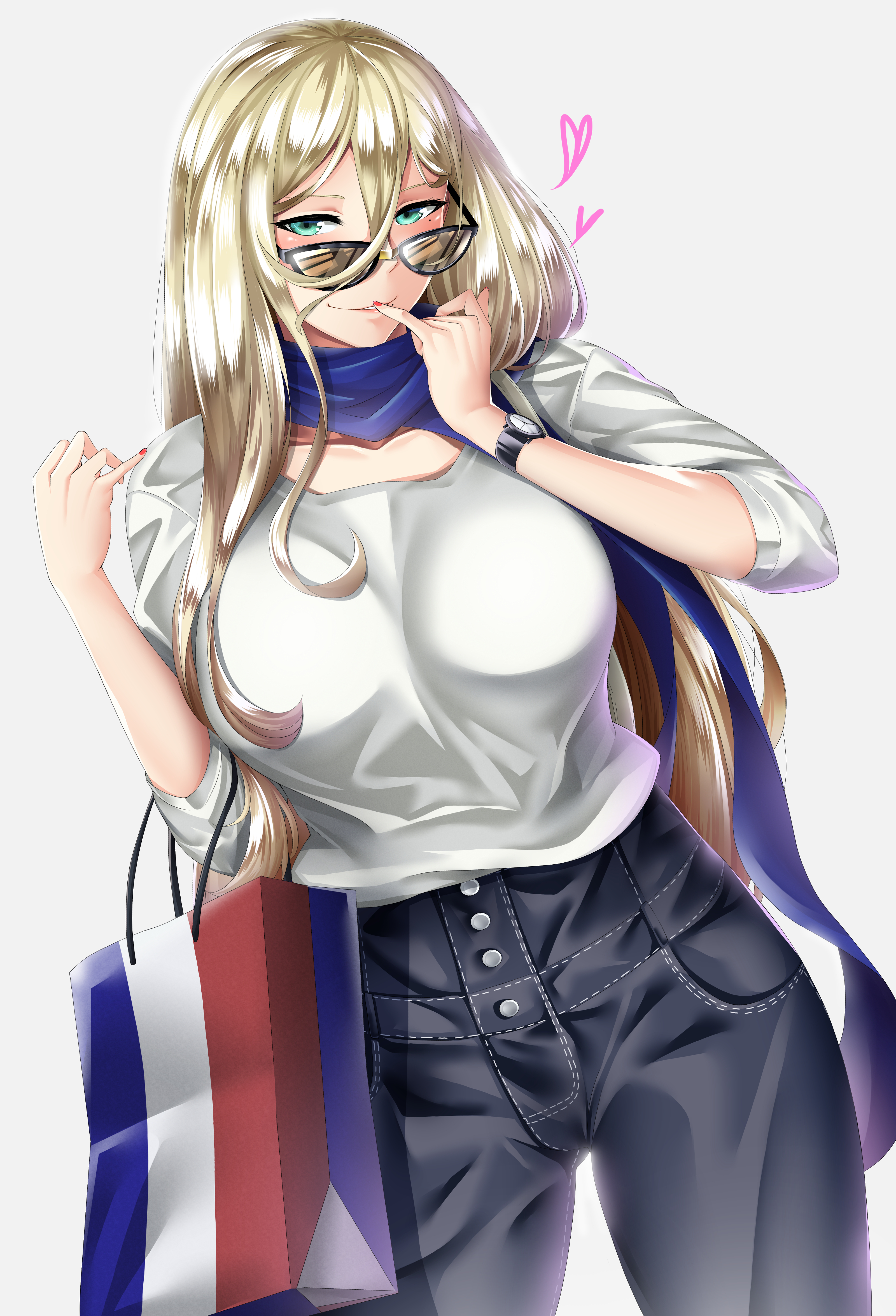 absurdres, aqua eyes, bag, blonde female, blonde hair, blue scarf, breasts, commentary request, cowboy shot, dutch angle, female, french flag, gradient, gradient background, hair between eyes, high-waist pants, highres, kantai collection, kome cola, large breasts, long hair, looking over eyewear, looking over glasses, mole, mole under eye, mole under mouth, nail polish, pants, red nails, richelieu (kantai collection), scarf, shirt, shopping bag, smile, solo, sunglasses, tinted eyewear, watch, white shirt