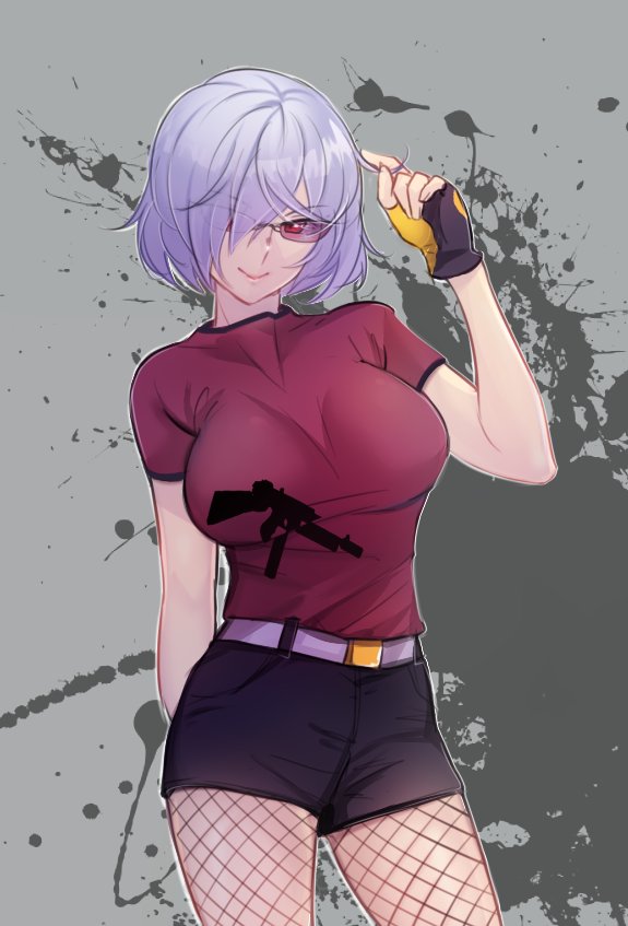 adjusting_hair belt black_gloves blue_hair breasts eyebrows_visible_through_hair female fingerless_gloves fishnet fishnet_legwear girls'_frontline gloves gun large_breasts looking_at_viewer purple-tinted_eyewear red_eyes red_shirt short_hair smile solo sunglasses tagme thompson_(girls'_frontline) tinted_eyewear tusia