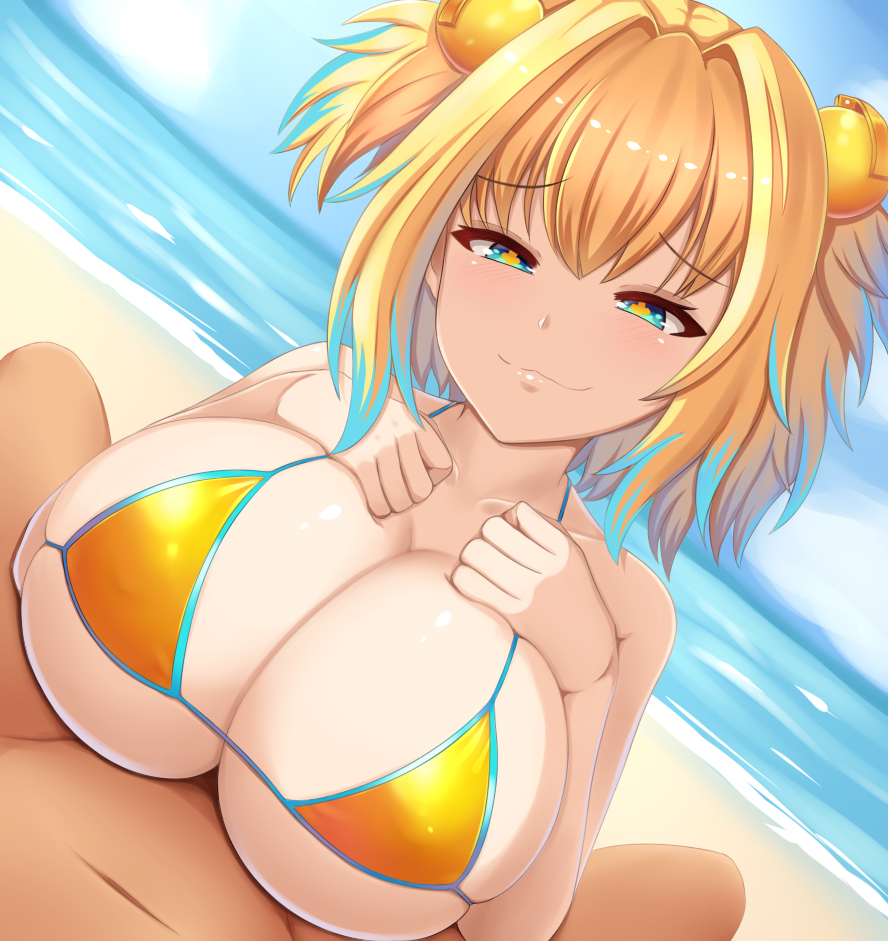 1boy, 1girls, bare shoulders, beach, blonde hair, blue eyes, bombergirl, breasts, clothed female, clothed female nude male, clothed paizuri, clothed sex, female, huge breasts, human, large breasts, male, nude, nude male, paizuri, paizuri under clothes, pine (bombergirl), renetan, short hair, smile, straight