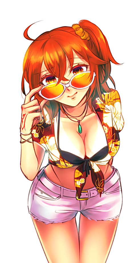 ahoge belt belt_buckle bikini bikini_top black_bikini bra_cups_sticking_out bracelet breasts buckle cleavage closed_mouth collarbone cowboy_shot eyebrows_visible_through_hair fate/grand_order fate_(series) female front-tie_bikini front-tie_top fujimaru_ritsuka_(female) hair_between_eyes hair_ornament hair_scrunchie hawaiian_shirt jewelry leaning_forward long_hair looking_at_viewer looking_over_eyewear looking_over_glasses medium_breasts necklace orange-tinted_eyewear orange_eyes orange_hair orange_scrunchie print_shirt redrabbit44 scrunchie shiny shiny_hair shirt short_shorts shorts side_ponytail simple_background smile solo standing sunglasses swimsuit thigh_gap tied_shirt tinted_eyewear white-framed_eyewear white_background white_belt white_shorts