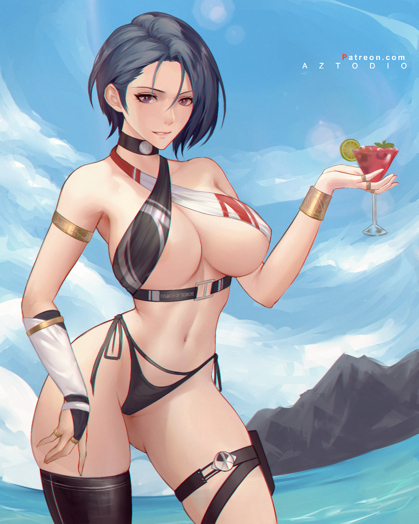 1girls, asymmetrical hair, azto dio, bikini, bikini bottom only, black hair, blue hair, blue sky, breasts, cleavage, cloud, commentary, cowboy shot, criss-cross halter, drink, english commentary, female, female only, fire emblem, fire emblem: three houses, halterneck, highres, holding, holding drink, large breasts, multi-strapped bikini, navel, nintendo, ocean, purple eyes, red eyes, rock, shamir nevrand, short hair, side-tie bikini, single thighhigh, sky, solo, source request, swimsuit, thick thighs, thigh strap, thighhighs, underbust