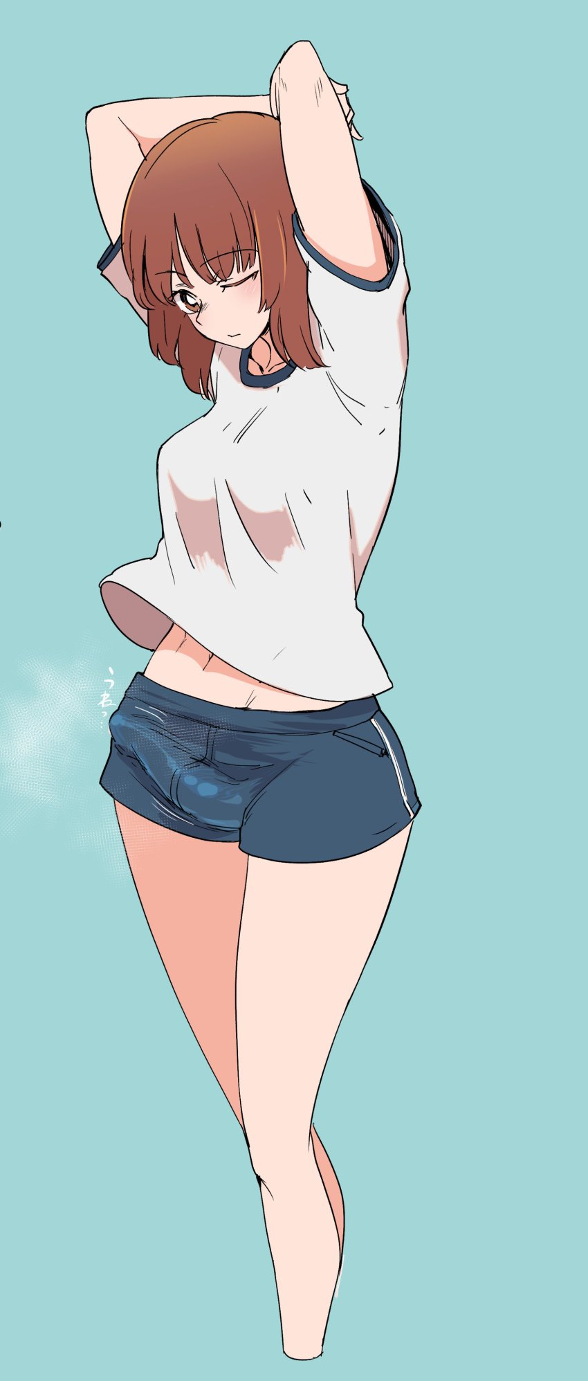 10s, 1futa, 2018, absurdres, aomushi (mushamusha), arms above head, arms up, balls, bangs, blue background, breasts, brown eyes, brown hair, bulge, clothed, clothing, female, flaccid, fully clothed, futa only, futanari, girls und panzer, gym shirt, gym shorts, gym uniform, highres, horny, human, intersex, light skin, light-skinned futa, navel, nishizumi miho, pale skin, penis, penis under clothes, shirt, short hair, shorts, simple background, solo, sportswear, standing, steam, stretch