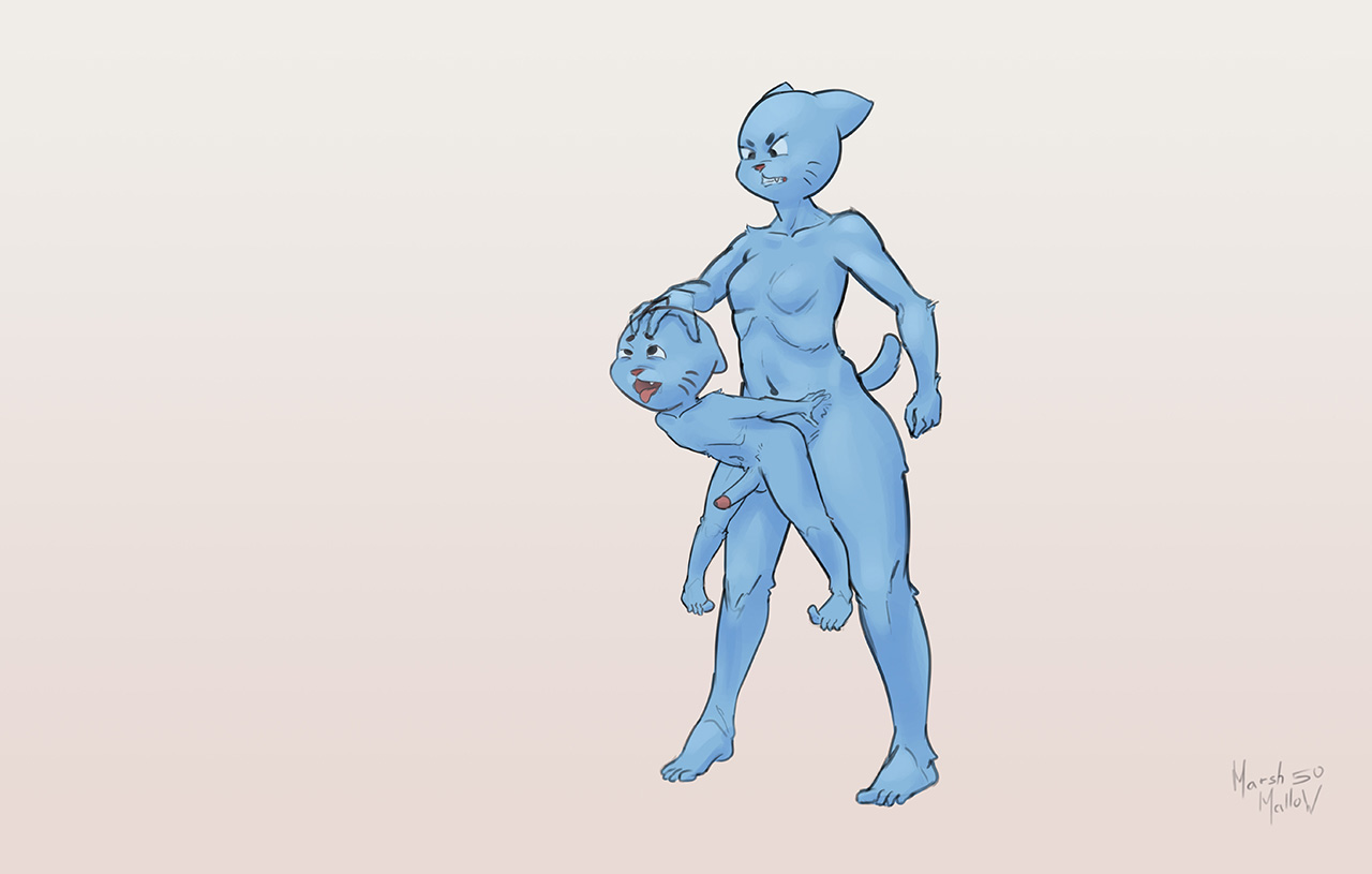 1boy, 1girls, ahe gao, anal, anal penetration, anal sex, blue fur, blue skin, breasts, female, furry, futa mom, futa mother and son, futa mother on son, futa on male, futanari, gumball watterson, intersex, male, mother and son, nicole watterson, size difference, small breasts, the amazing world of gumball