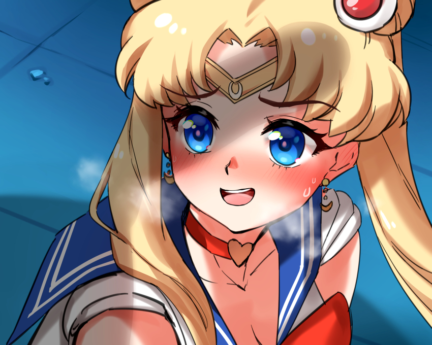 1boy, 1girls, all fours, ass, bishoujo senshi sailor moon, blonde hair, blue eyes, blue sailor collar, blush, choker, clavicle, cleavage, clothing, cock hungry, crescent earrings, earrings, eyebrows visible through hair, female, foxy rain (foxyreine), foxyrain (foxyreine), foxyreine, hair bun, hair grab, heart, heart choker, jewelry, long hair, male, meme, on knees, penis, penis shadow, red choker, sailor collar, sailor moon, sailor moon redraw challenge, sailor senshi, sailor senshi uniform, sailor uniform, saliva, tears, tied hair, twintails, upper body, usagi tsukino, visible breath