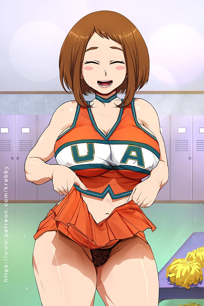 1girls, big breasts, breasts, brown hair, brown-haired female, cheerleader, cheerleader uniform, cleavage, closed eyes, female, female only, krabby (artist), large breasts, my hero academia, ochako uraraka, panties, skirt, skirt lift, solo, u.a. cheerleader outfit, upskirt