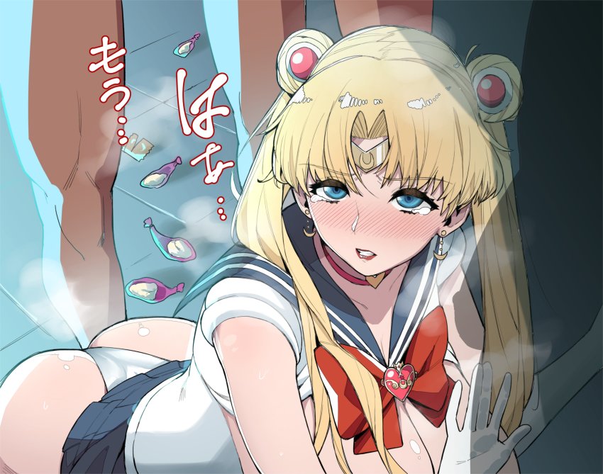 1girls 2boys ass bishoujo_senshi_sailor_moon blonde_hair blue_eyes blue_sailor_collar blush butt clenched_teeth clothing condoms crescent_earrings derivative_work earrings eyebrows_visible_through_hair female hair_bun huge_breasts keoya_(keoya_01) long_hair miniskirt panties sailor_moon sailor_moon_redraw_challenge sailor_uniform skirt skirt_up tears translation_request twintails usagi_tsukino used_condoms white_panties