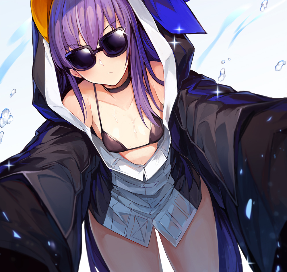 animal_costume animal_hood bare_shoulders bikini bikini_top blue_bow bow choker collarbone fate/grand_order fate_(series) female foreshortening frown hairbow hood hood_up hoodie long_hair meltryllis meltryllis_(swimsuit_lancer)_(fate) mou_tama_maru oversized_clothes penguin_costume purple-tinted_eyewear purple_hair sleeves_past_wrists solo sunglasses swimsuit tinted_eyewear water