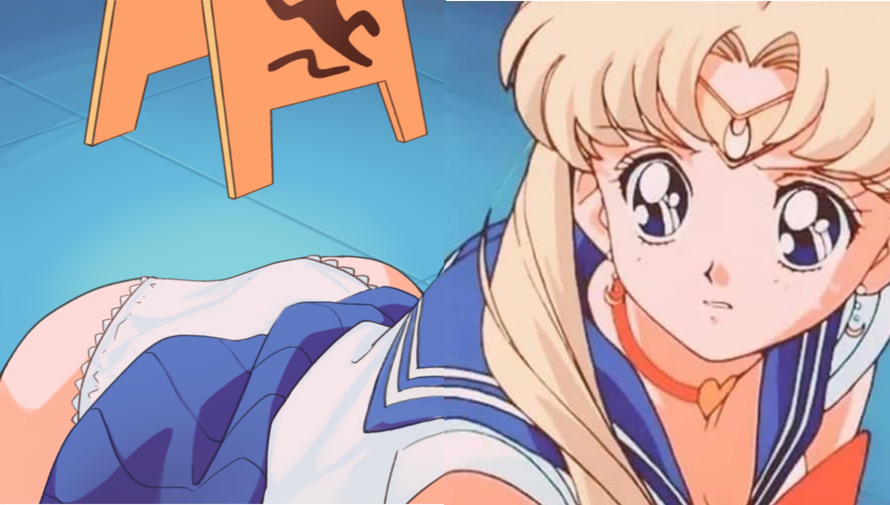 1girls, all fours, ass, big ass, bishoujo senshi sailor moon, blonde hair, blue eyes, blue sailor collar, blush, choker, clavicle, cleavage, clothing, crescent earrings, earrings, edit, eyebrows visible through hair, female, female only, hair bun, heart, heart choker, huge ass, human only, jewelry, large ass, long hair, meme, miniskirt, panties, red choker, sailor collar, sailor moon, sailor moon redraw challenge, sailor senshi, sailor senshi uniform, sailor uniform, skirt, skirt up, solo, tied hair, twintails, upper body, usagi tsukino, white panties, yama gan