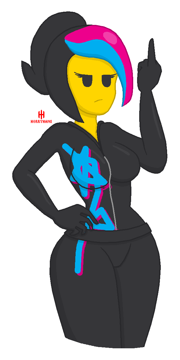 angry anthro artist_name closed_mouth female female_only hand_on_hip hand_on_hips horryhane lego looking_at_viewer middle_finger multicolored_hair no_pupils solo solo_female the_lego_movie wyldstyle yellow_skin