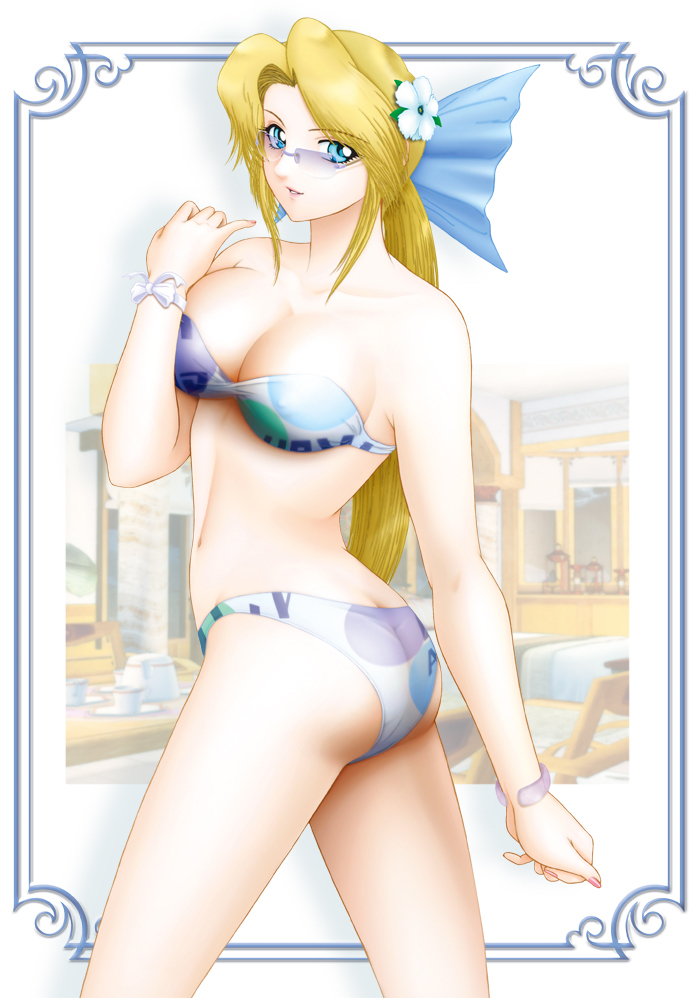 1girls alternate_costume artist_request ass bad_anatomy bangs bare_arms bare_legs bare_shoulders bikini blonde_hair blue_eyes bow breasts butt_crack cleavage clenched_hand collarbone dead_or_alive eyebrows_visible_through_hair eyes_visible_through_hair female female_only flower glasses grin hair_flower hair_ornament hair_ribbon hand_up helena_douglas large_breasts long_hair looking_over_eyewear looking_over_glasses low_ponytail midriff naughty_face navel neck parted_bangs parted_lips ponytail ribbon solo solo_female standing strapless strapless_bikini strapless_swimsuit sunglasses swimsuit tecmo tinted_eyewear white_flower