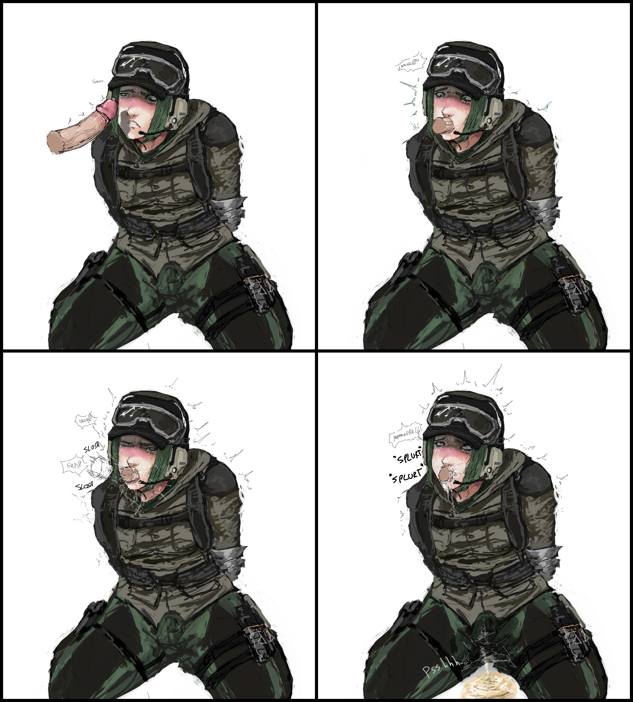 1boy, 1girls, blowjob, blush, breasts, cap, chin lenght hair, clothed, clothed female, comic, cum in mouth, cum in throat, deepthroat, disembodied penis, disgusted, disgusted look, ela (rainbow six), european, fellatio, female, female focus, forced oral, gag, gagging, green eyebrows, green eyes, green hair, hands behind back, human, male, multiple images, oral, peeing, penis, petite, polish, rainbow six, rainbow six siege, sitting down, small breasts, tears, throat bulge, throat fuck, tied arms, tied up, tight throat, tom clancy, twitching, uniform, wrongnhoka, yoga pants