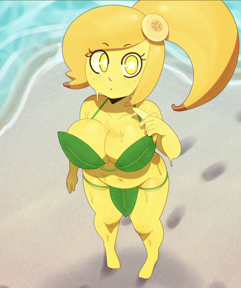 1girls, bachana, banana, beach, beli (somescrub), belly, belly button, bikini, bikini bottom, bikini top, breasts, cleavage, clothing, female, freckles, fruit, humanoid, large breasts, leaf, original, original character, partially clothed, slightly chubby, slime, solo female, somescrub, standing, star-shaped pupils, wet, yellow eyes, yellow hair, yellow skin