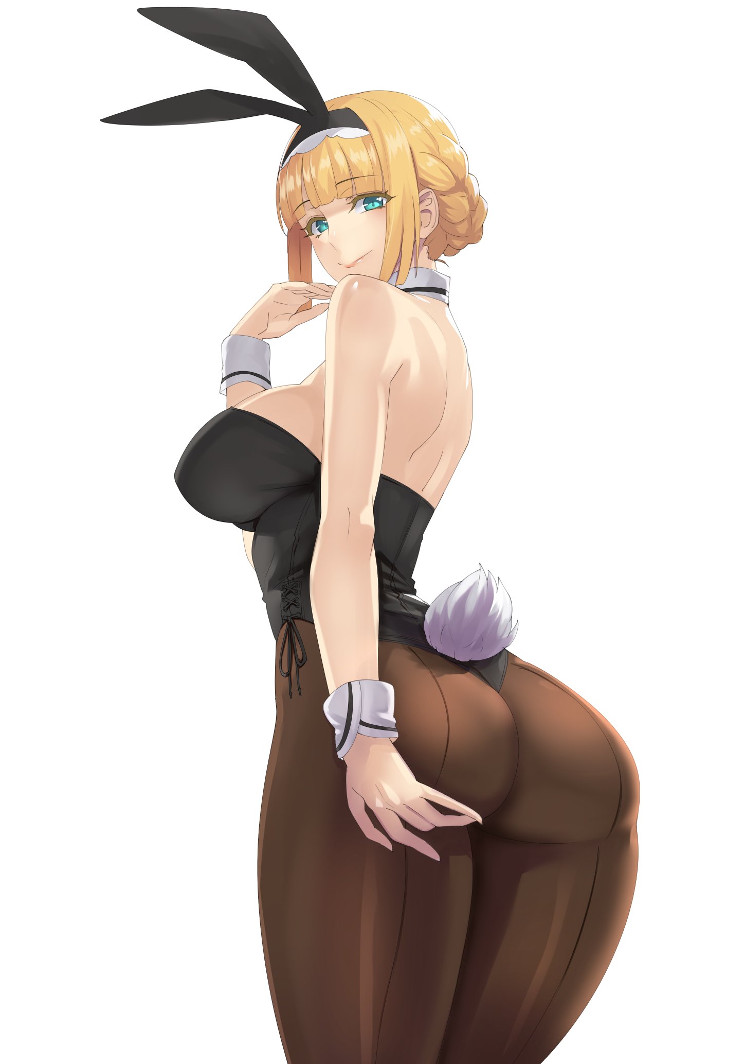 animal ears, ass, bare shoulders, blonde hair, blue eyes, blush, braid, breasts, brown legwear, bunny ears, bunny girl, bunny tail, bunnysuit, damegane, detached collar, fake animal ears, felicia (damegane), female, french braid, hairband, hand on ass, high resolution, large breasts, leotard, original, pantyhose, short hair, simple background, smile, solo, tail, tied hair, white background, wrist cuffs