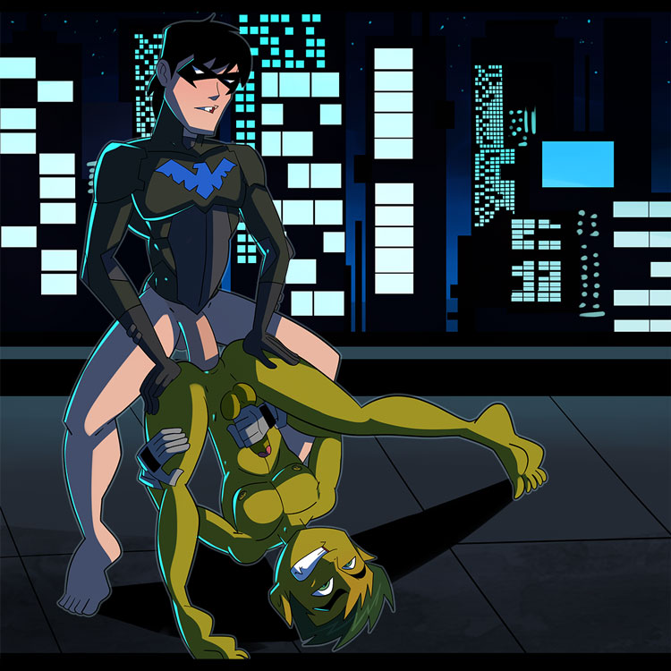 2boys, anal, anal sex, beast boy, beast boy (teen titans), big penis, black hair, boner, bottomless, city background, clothed, clothing, cmnm, dc, dc comics, dick grayson, erection, gay, gloves, green eyes, green hair, green skin, grimace, iyumiblue, legs held open, male, male only, mask, masked, masturbating while penetrated, nightwing, nihjt, nude, penis, piledriver position, short hair, spread legs, teen titans, yaoi, young justice
