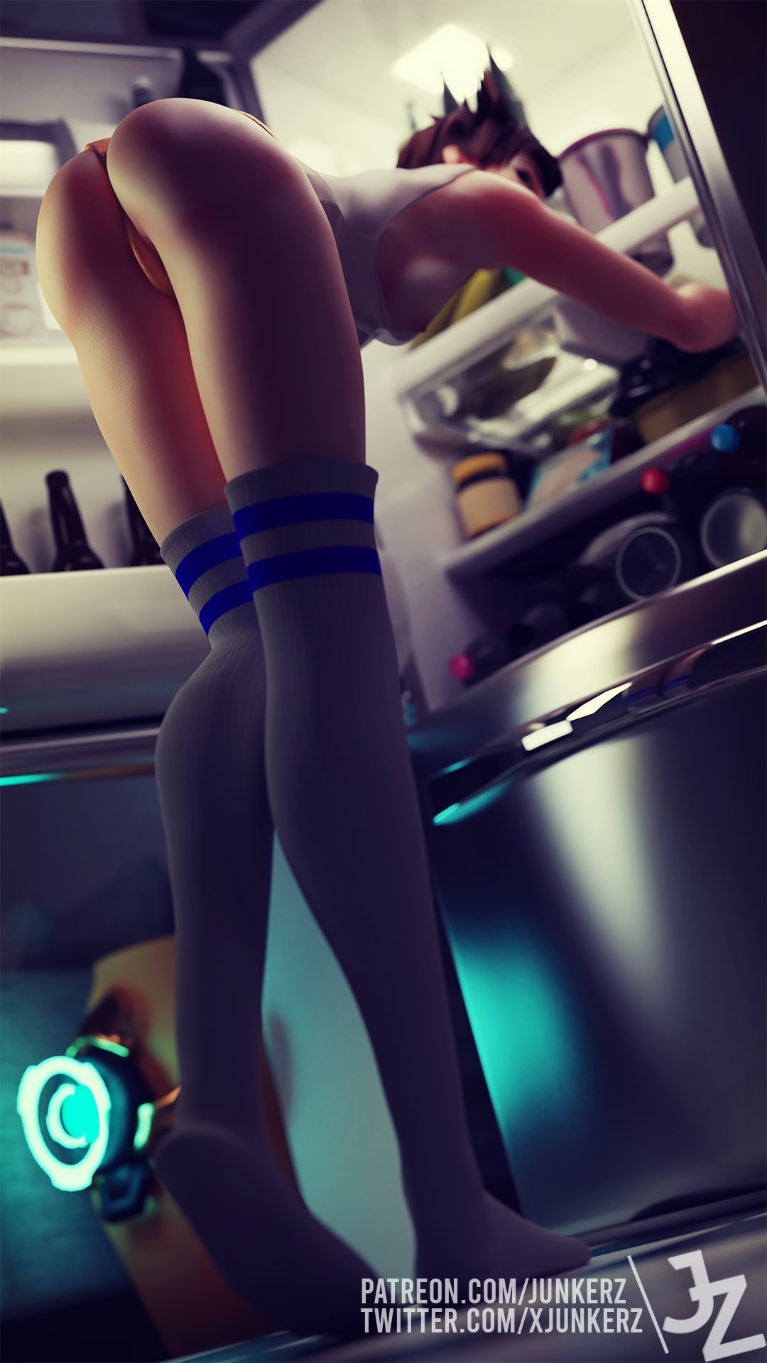 3d ass bent_over blender breasts brown_hair exposed_breast fridge junkerz kneesocks nipples overwatch panties patreon_username short_hair tracer twitter_username