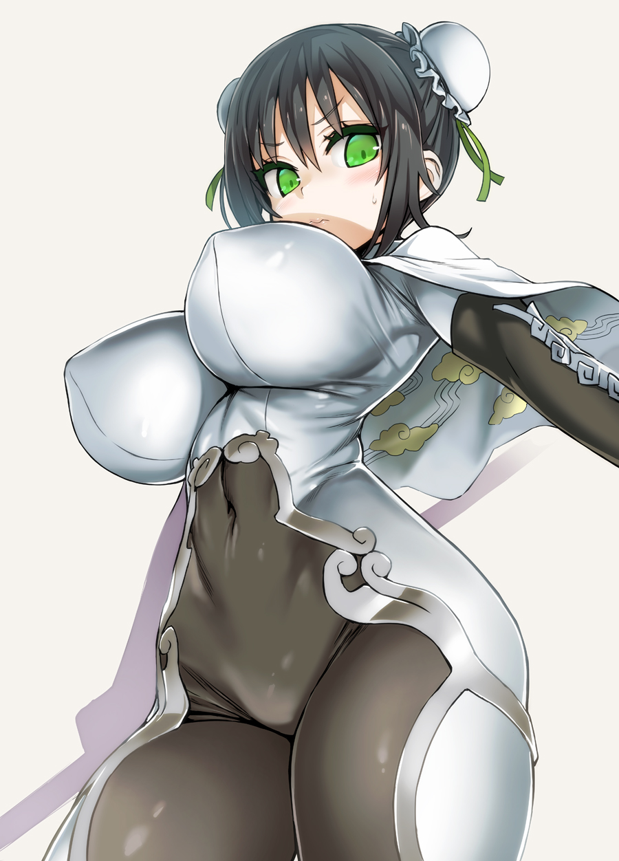 asanagi, big breasts, blush, breasts, bun cover, curvy, dark hair, fate (series), fate/grand order, female, female only, fully clothed, green eyes, hair bun, hair ribbon, huge breasts, light skin, light-skinned female, looking down, nipple bulge, pale skin, pale-skinned female, qin liangyu (fate), short hair, simple background, solo, thick thighs, underboob, white background, wide hips