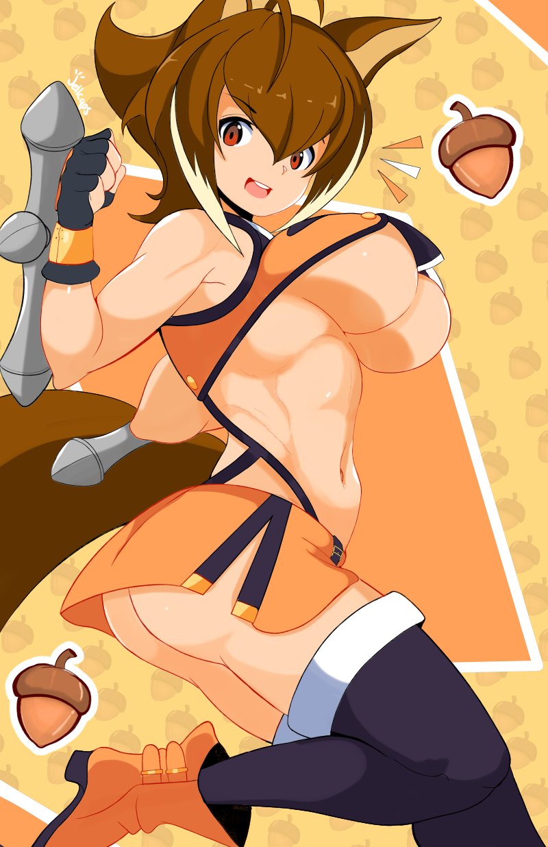 big breasts, blazblue, breasts, brown eyes, brown hair, female, female only, jellcaps, makoto nanaya, revealing clothes, short hair, solo, solo female, solo focus, squirrel ears, squirrel humanoid