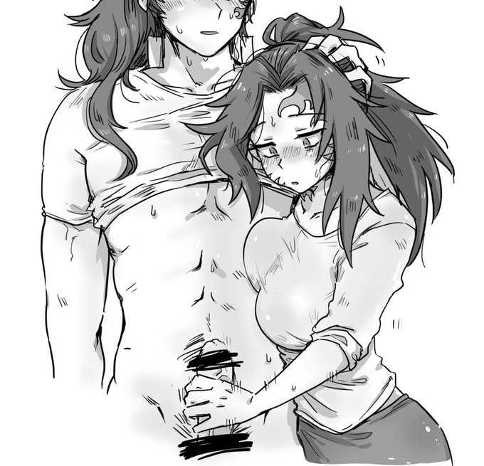 1boy 1girls blush brother_and_sister demon_slayer erection facial_markings female genderswap genderswap_(mtf) hand_on_another's_head handjob incest kimetsu_no_yaiba kkku_gt long_hair male michikatsu_tsugikuni monochrome muscular_male penis ponytail rule_63 shirt_up siblings spiky_hair yoriichi_tsugikuni