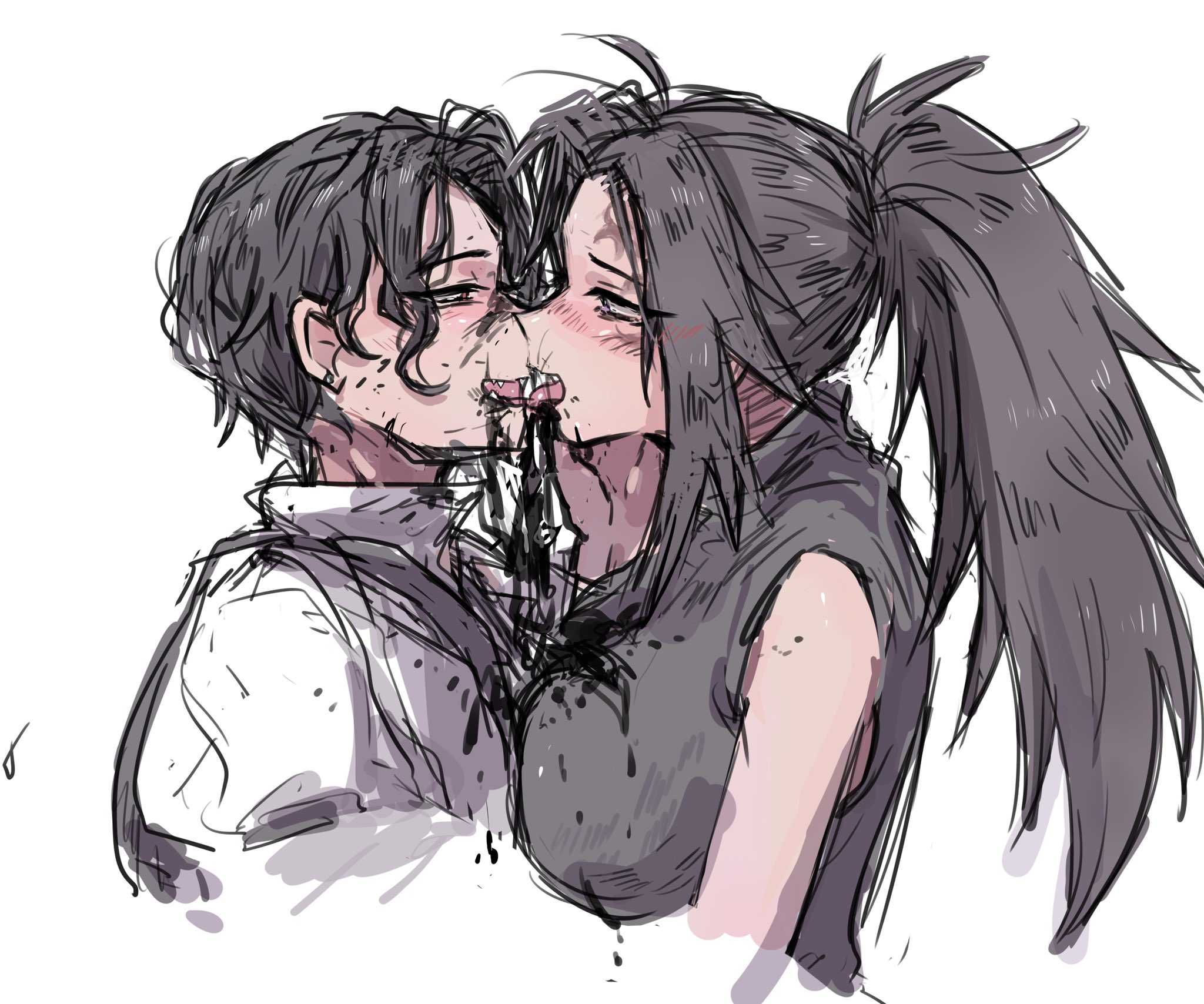 1boy, 1girls, blush, colored sketch, demon slayer, female, genderswap, genderswap (mtf), kimetsu no yaiba, kissing, kkku gt, looking at another, male, michikatsu tsugikuni, muzan kibutsuji, ponytail, rule 63, upper body