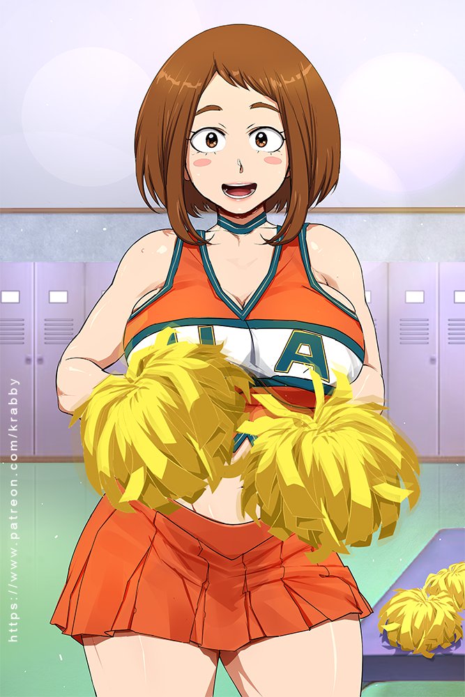 1girls, big breasts, breasts, brown eyes, brown hair, brown-haired female, cheerleader, cheerleader uniform, female, female only, krabby (artist), looking at viewer, my hero academia, ochako uraraka, pom poms, short hair, solo, solo female, solo focus, u.a. cheerleader outfit