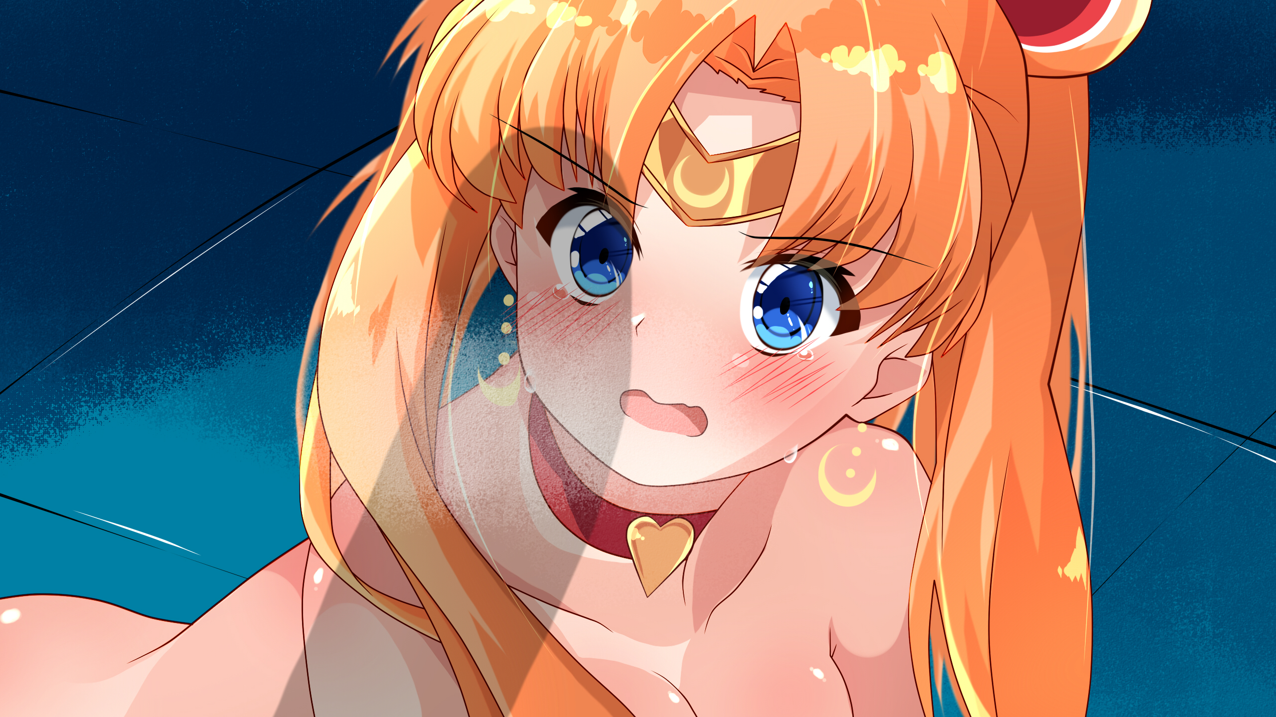 1boy, 1girls, all fours, ass, bishoujo senshi sailor moon, blonde hair, blue eyes, blush, choker, clavicle, cleavage, cock hungry, crescent earrings, earrings, eyebrows visible through hair, female, hair bun, hair grab, heart, heart choker, jewelry, long hair, male, meme, naked, nude, on knees, open mouth, penis, penis awe, penis shadow, pruzhka, red choker, sailor moon, sailor moon redraw challenge, sailor senshi uniform, saliva, surprised, tears, tied hair, twintails, upper body, usagi tsukino, visible breath