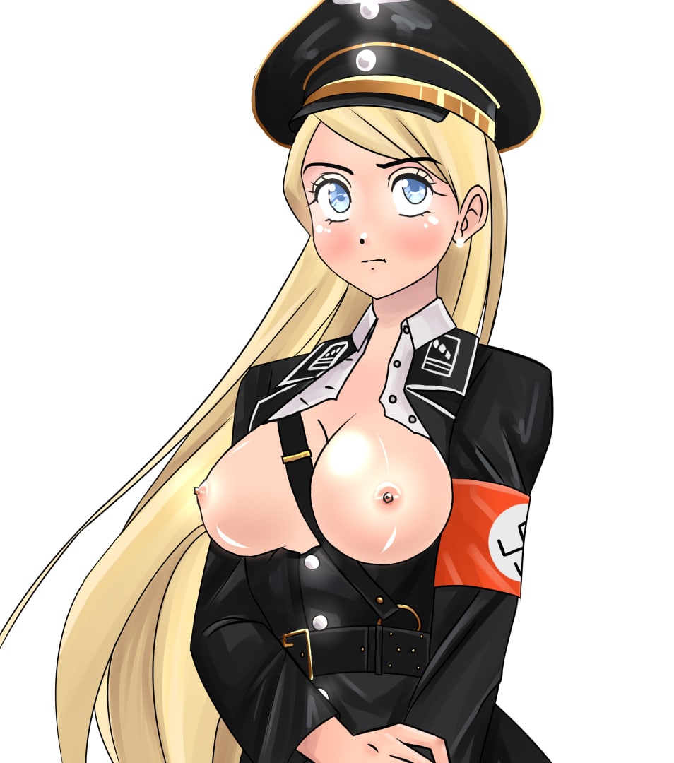 1girls artist_request belt blonde_hair blue_eyes blush breasts breasts_out costume facing_viewer looking_at_viewer medium_breasts military_uniform nazi_armband nazi_uniform peaked_cap simple_background small_nipples solo strap_cleavage swastika tits unknown_artist upper_body very_long_hair white_background