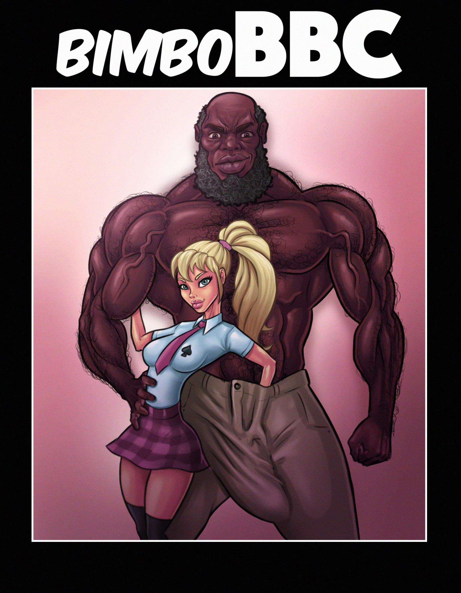 1boy, 1girls, african, african male, big breasts, big penis, bimbobbc, blonde hair, breasts, dark skin, dark-skinned male, female, interracial, male, melanin, penis, queen of spades, school uniform, schoolgirl