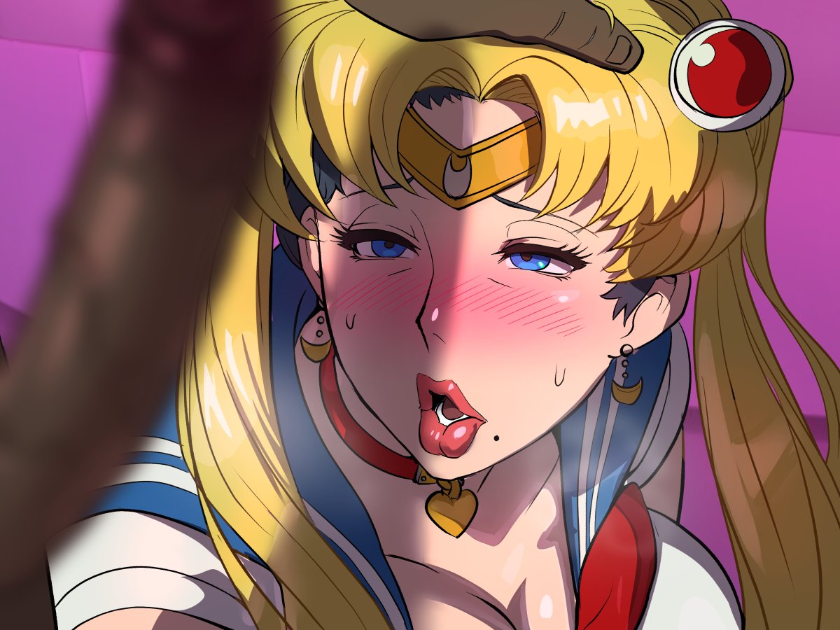 big penis, bimbo, bishoujo senshi sailor moon, blonde hair, blue eyes, blush, clothing, dark skin, dark-skinned male, female, interracial, kisuu, male, meme, mole, mole under mouth, penis, sailor moon, sailor moon redraw challenge, sailor senshi uniform, usagi tsukino