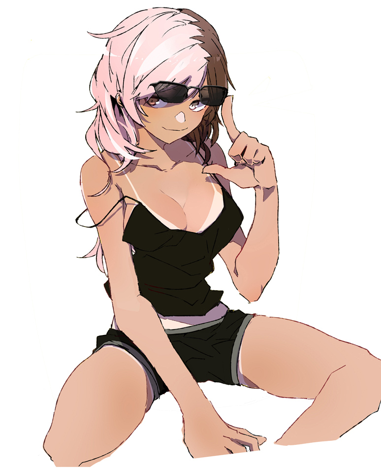 adjusting eyewear, adjusting glasses, breasts, brown hair, cleavage, commentary request, esu (transc), eyewear on head, female, heterochromia, medium breasts, neo (rwby), pink hair, rwby, shorts, smile, solo, tan, tank top, tanline, tinted eyewear